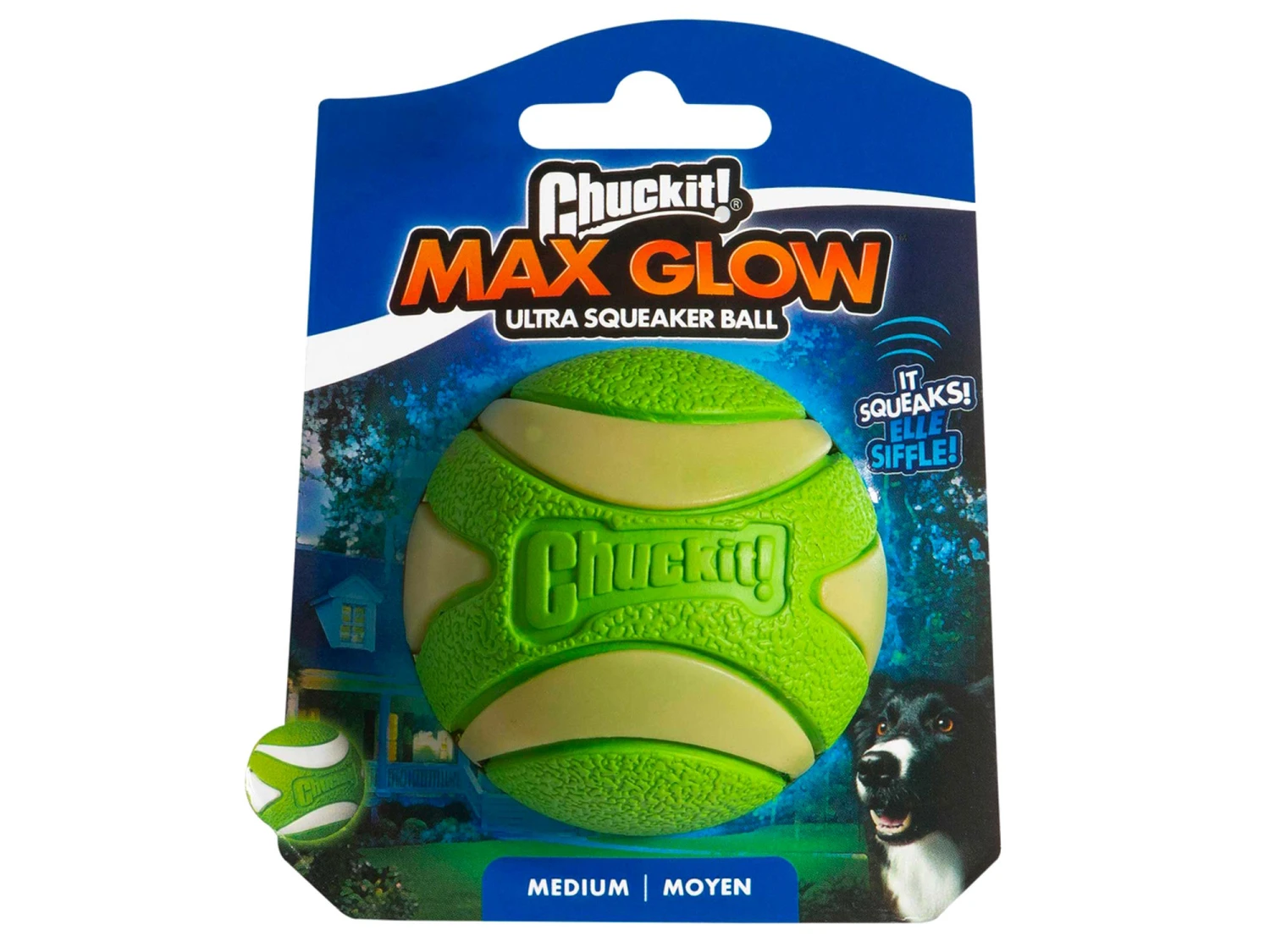 Chuckit Max Glow Ultra Squeaker Ball Medium 1 Chuckit Max Glow Ultra Squeaker Ball Medium